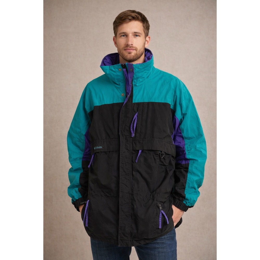 Vintage Columbia Ski Jacket Teal‎ Black Purple 90s Radial Sleeve Mens M 90s